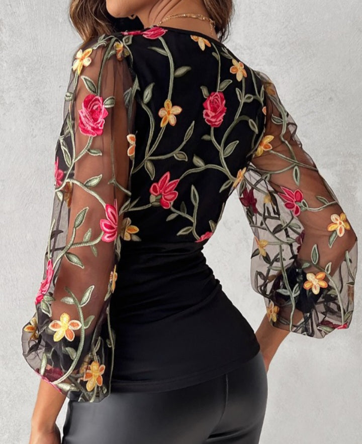 Premièrement : Ce Chemisier décontracté à taille cintrée en maille transparente avec col en V et broderie florale femme.