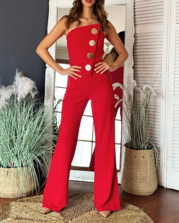 Combinaison bandeau asymétrique sans bretelles avec boutons métalliques et salopette décontractée Femme