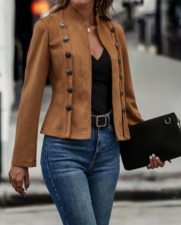 Premièrement : Adoptez un look chic et raffiné avec cette Veste à col montant en imitation daim , manteau décontracté ouvert sur le devant avec boutons décoratifs femme 