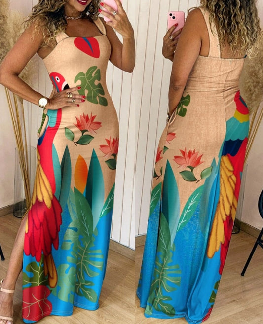 Premièrement : Cette Robe longue, fendue à bretelles épaisses et imprimé floral , coupe ajustée et décontractée , idéale pour les vacances .