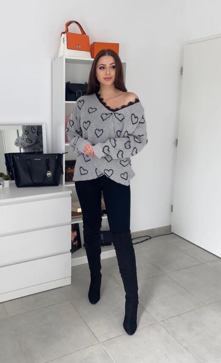 Long-sleeved knit wrap sweater with contrasting lace