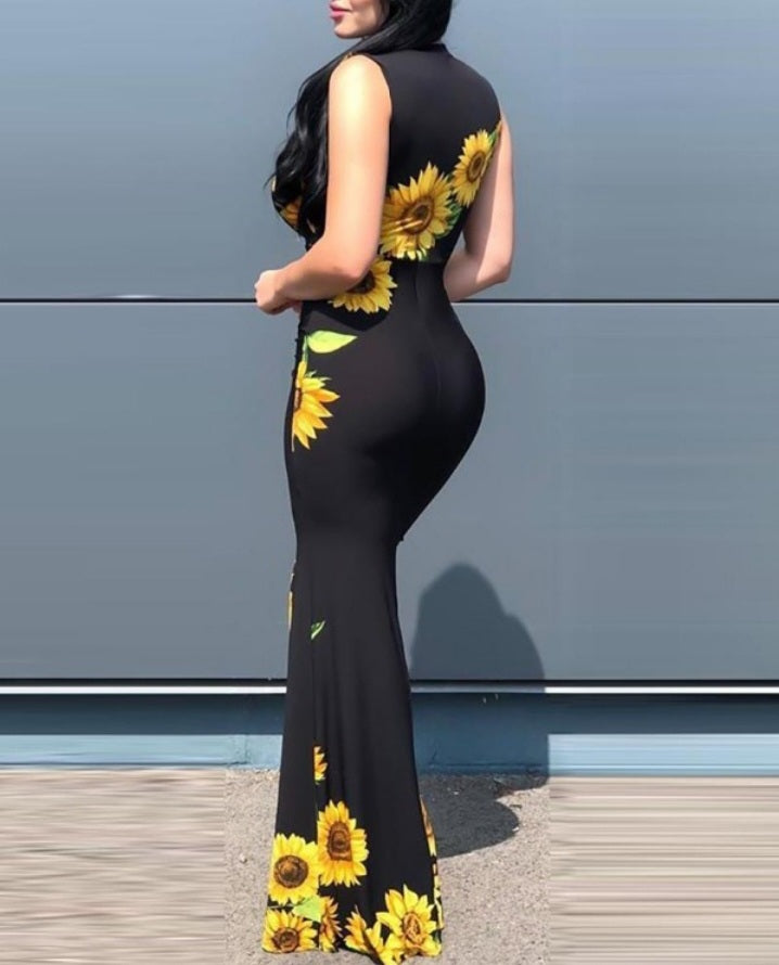 Premièrement : Cette Robe de soirée à fente haute et imprimé tournesol Femme.