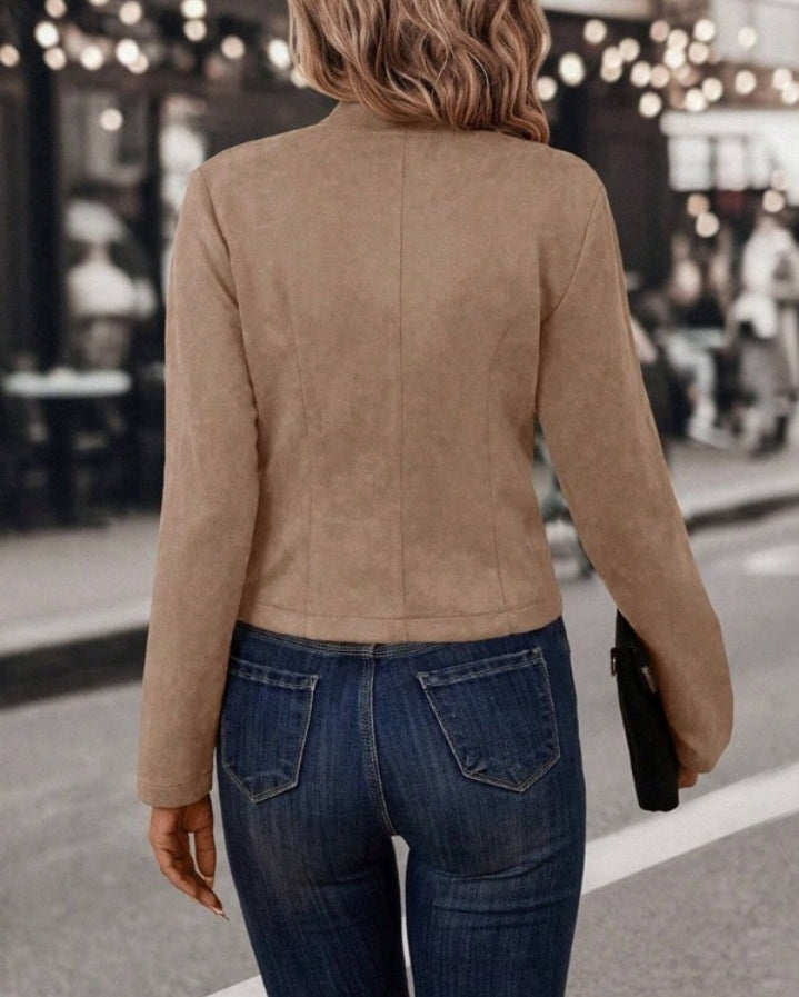 Premièrement : Adoptez un look chic et raffiné avec cette Veste à col montant en imitation daim , manteau décontracté ouvert sur le devant avec boutons décoratifs femme 