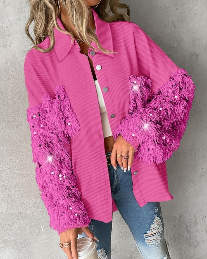 Premièrement : Apportez une touche d’éclat à votre look avec cette Veste décontractée à paillettes et patchwork à manches longues avec bouton sur le devant et ourlet brut femme 