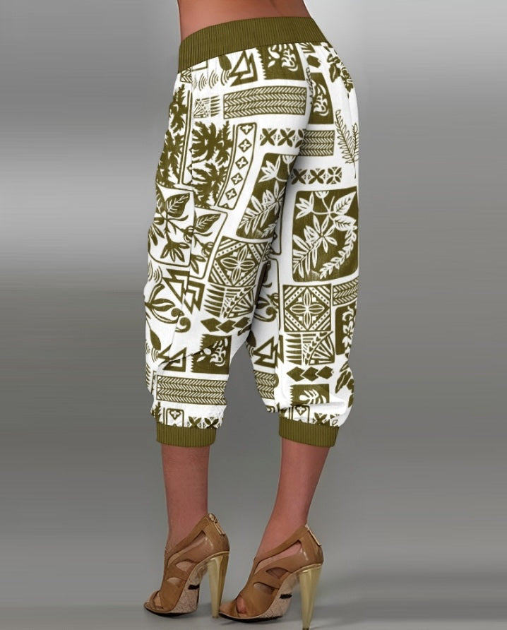 Premièrement : Ce Pantalon capri taille basse à imprimé plante tribales avec boutons décoratifs, pantalon de vacances avec poche femme .
