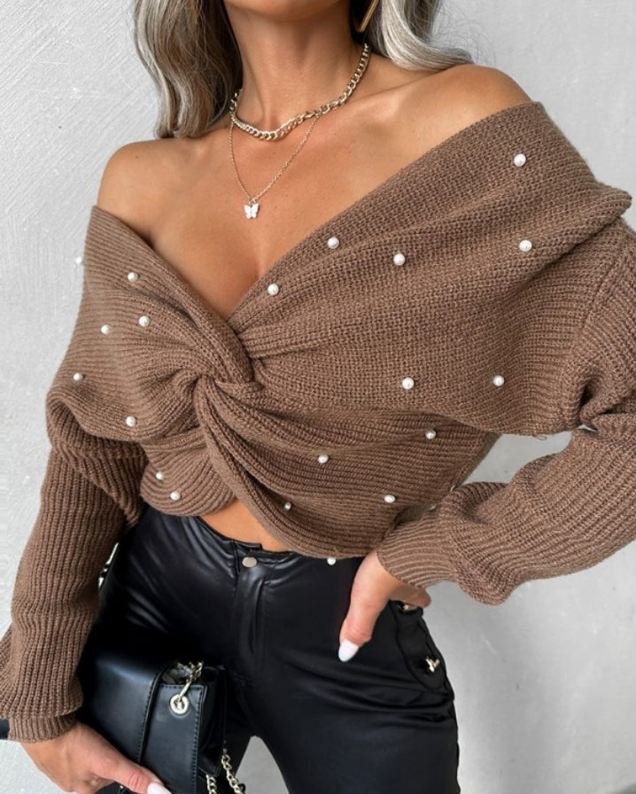 Long Sleeve V-Neck Beaded Cable Knit Sweater