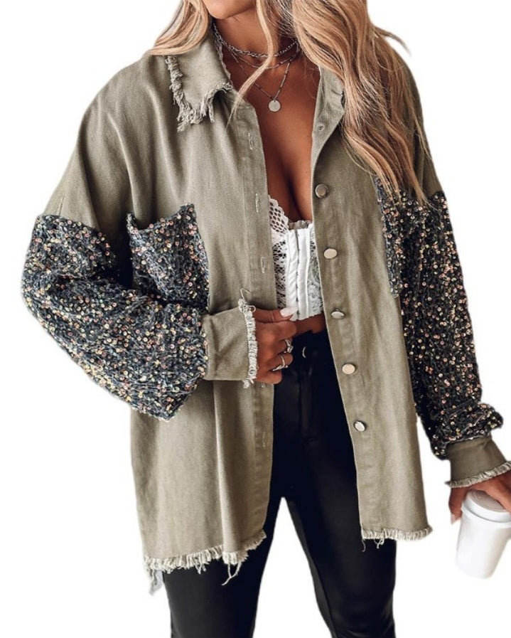 Premièrement : Apportez une touche d’éclat à votre look avec cette Veste décontractée à paillettes et patchwork à manches longues avec bouton sur le devant et ourlet brut femme 