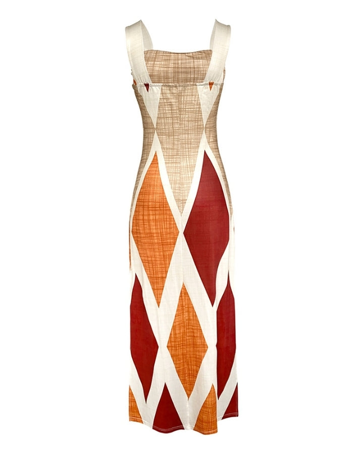 Premièrement : Cette Robe longue décontractée à.bretelles épaisses et imprimé géométrique, coupe ajustée, et fendue , avec poches Femme.