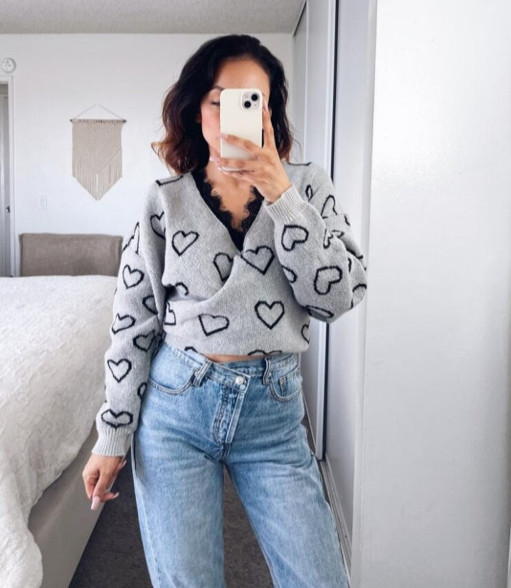 Long-sleeved knit wrap sweater with contrasting lace