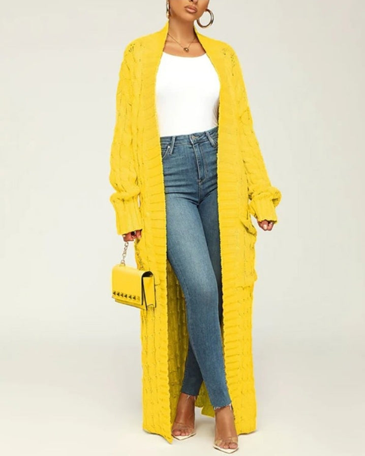 Long cable knit cardigan with pocket