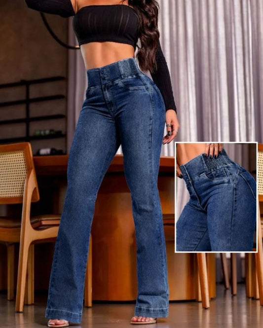 Premièrement : Ce jean taille haute à fronces et boutons sur le devant avec ceinture curveease jegging skinny évasé en demin femme.