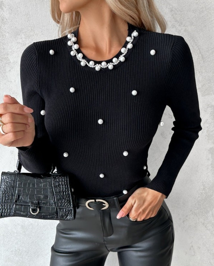 Long Sleeve Round Neck Beaded Knit Sweater