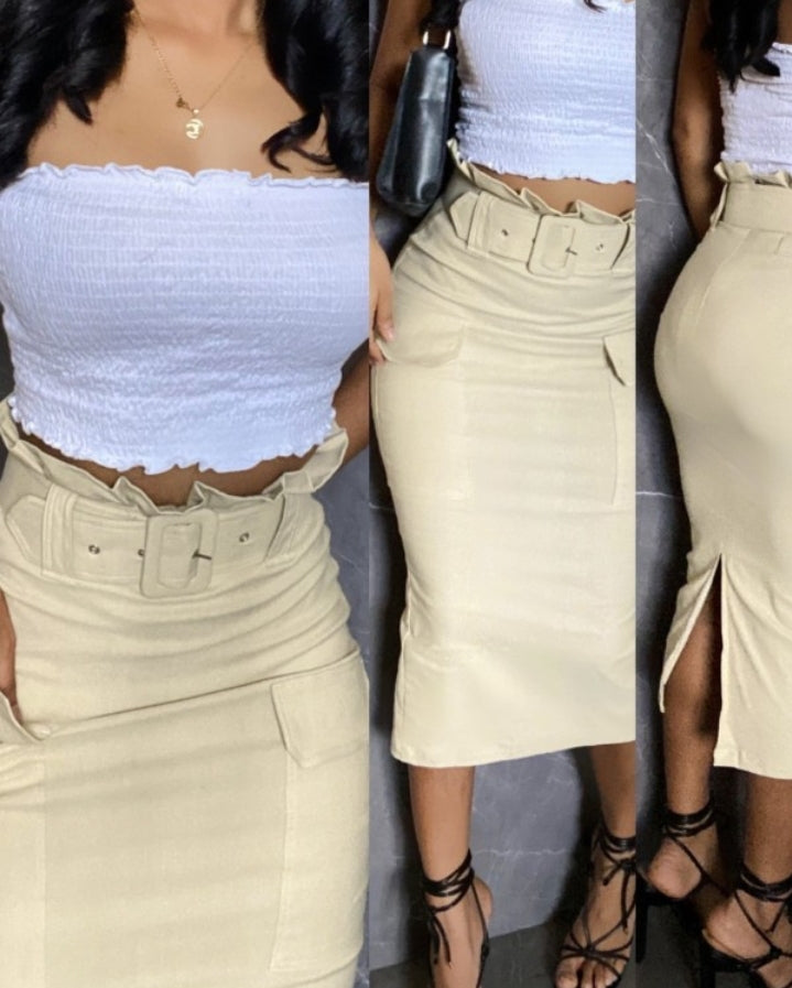 Jupe cargo taille mi - mollet avec ceinture et ourlet à volants design décontracté avec poches Femme