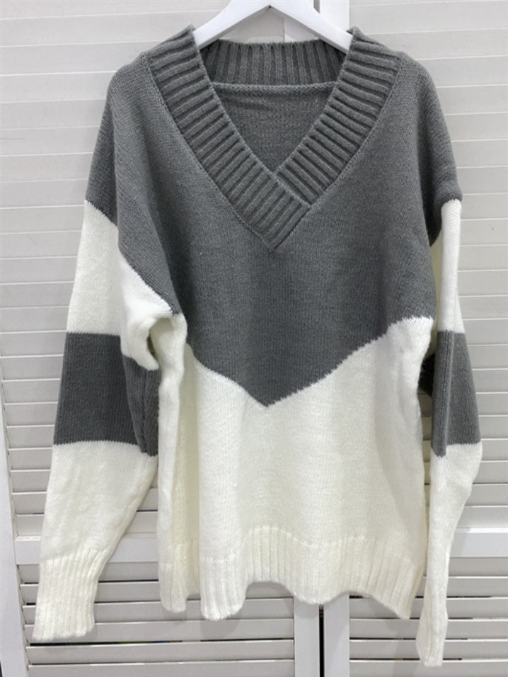 Pull en tricot à manches longues et col en V colorblock