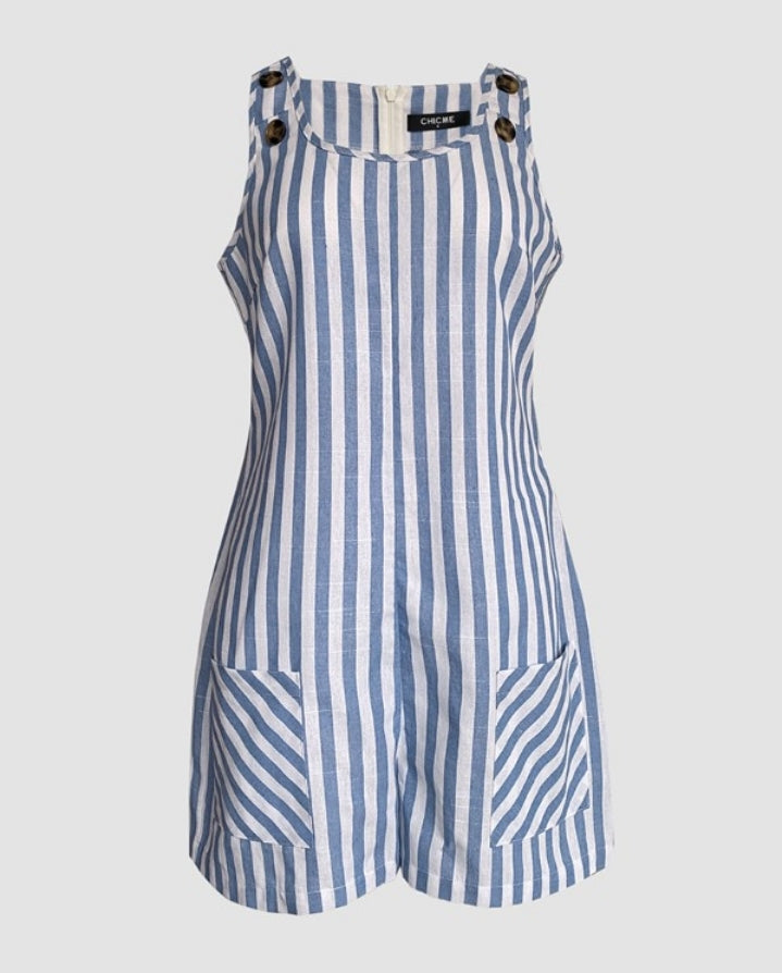 Premièrement : Optez pour un style tendance et confortable avec cette Combinaison sans manches à col en U et imprimé rayé avec poches décontractées et boutons décoratifs femme