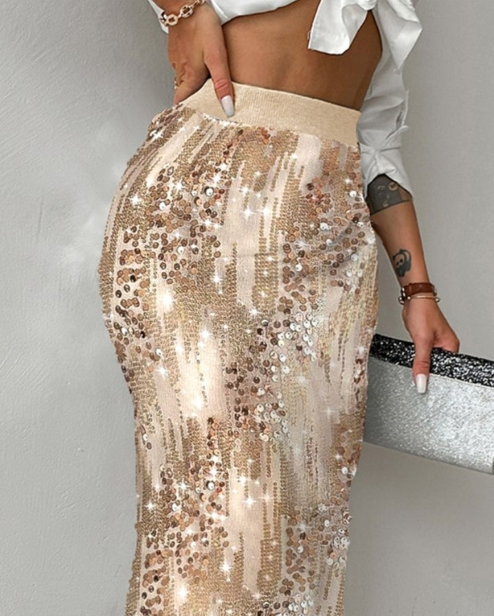 Premièrement : Cette Jupe mi - mollet tendance à sequins Femme.