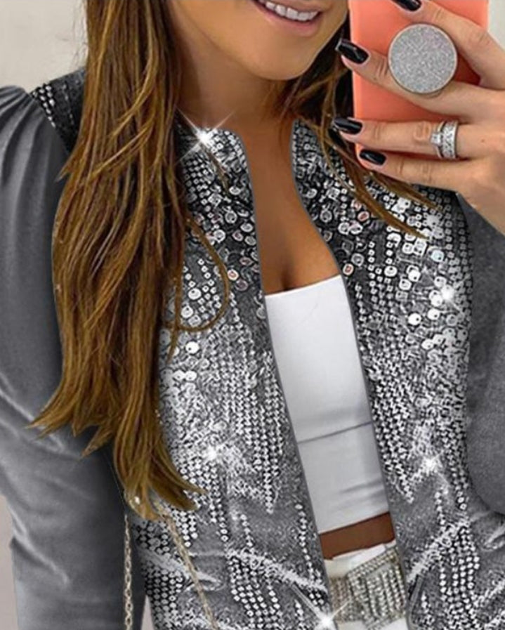 Premièrement : Apportez une touche de luxe et de sophistication à votre garde-robe avec ce Manteau à sequins contrastés en velours ouvert dur le devant à manches bouffantes femme 