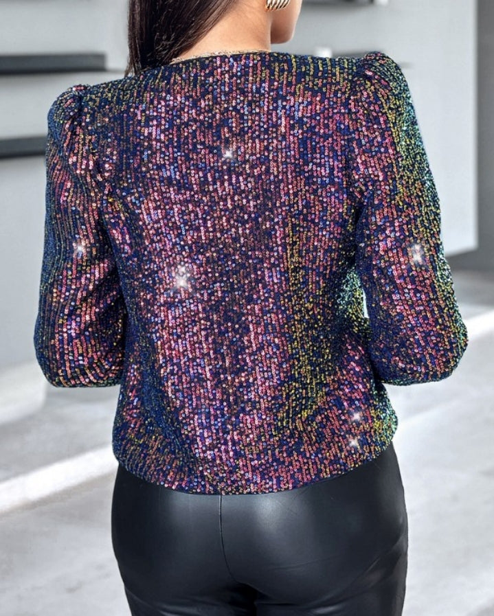 Premièrement : Brillez avec ce Manteau blazer à paillettes scintillantes, ouvert sur le devant , manches bouffantes femme.