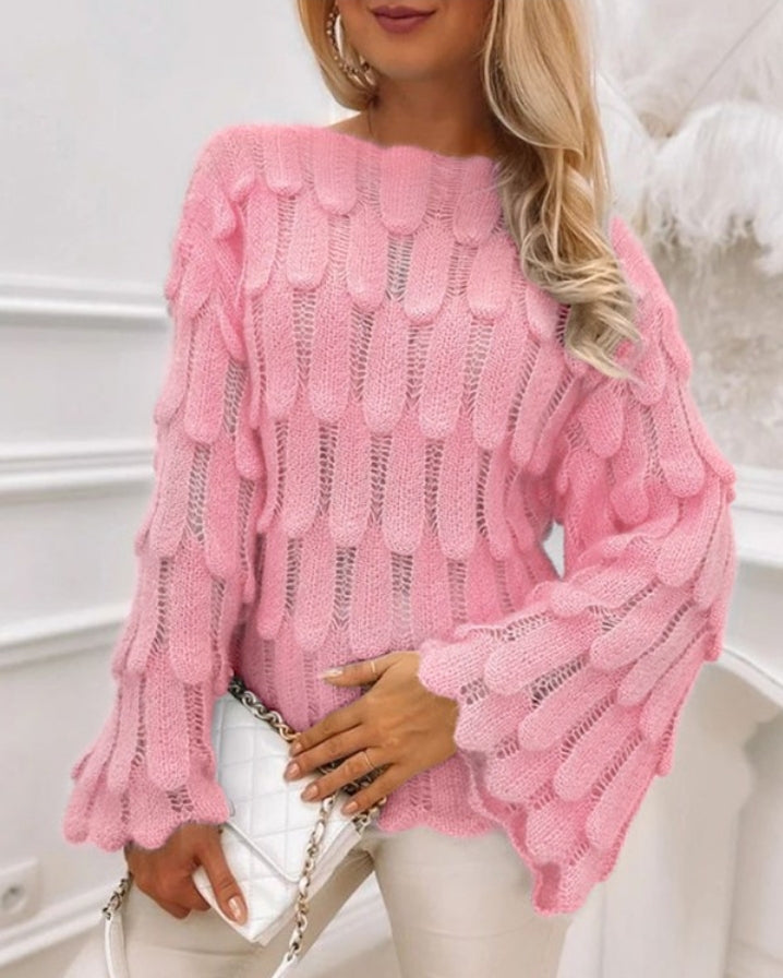 Knitted sweater with bell sleeves and boat neck