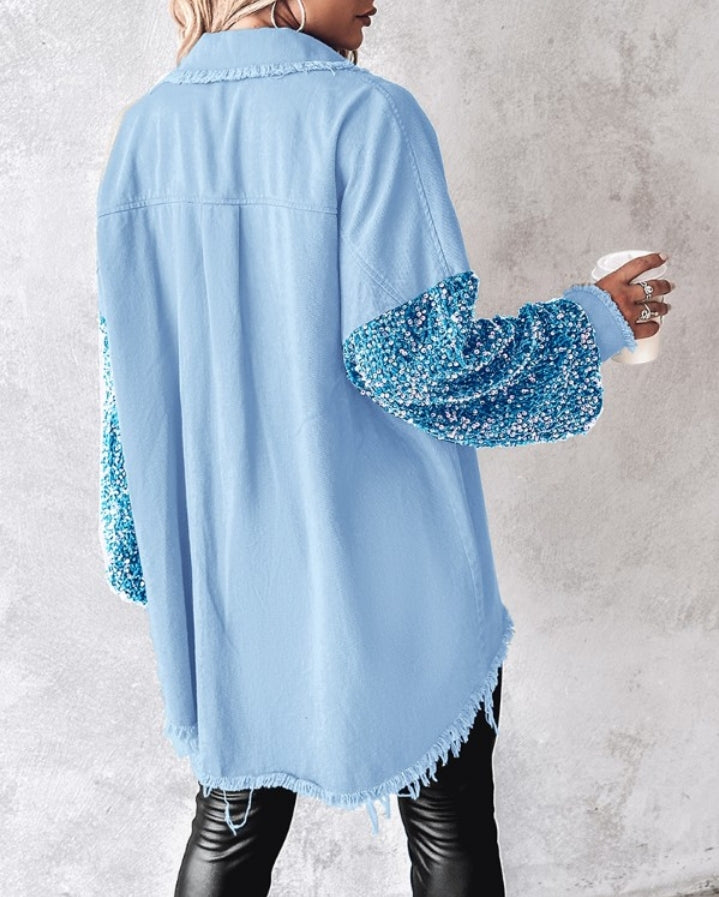 Premièrement : Apportez une touche d’éclat à votre look avec cette Veste décontractée à paillettes et patchwork à manches longues avec bouton sur le devant et ourlet brut femme 