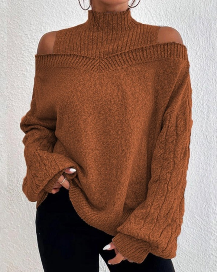 Cable Knit Off-the-Shoulder Lantern Sleeve Sweater