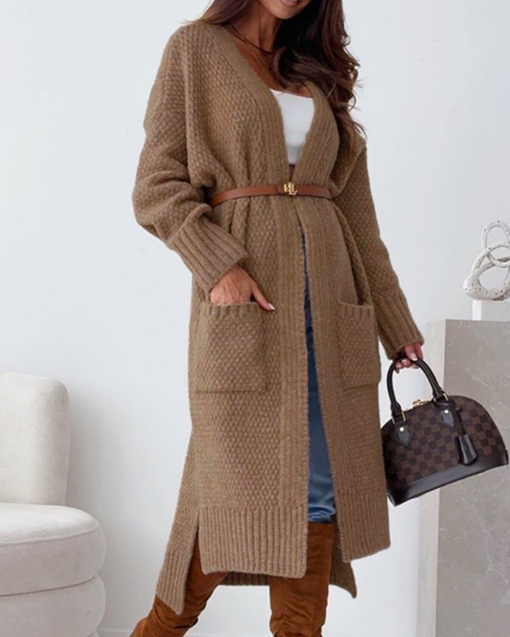 Long open cardigan with front pocket