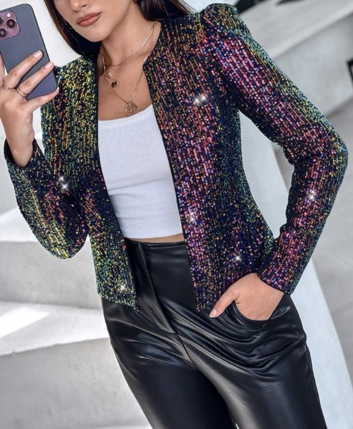 Premièrement : Brillez avec ce Manteau blazer à paillettes scintillantes, ouvert sur le devant , manches bouffantes femme.