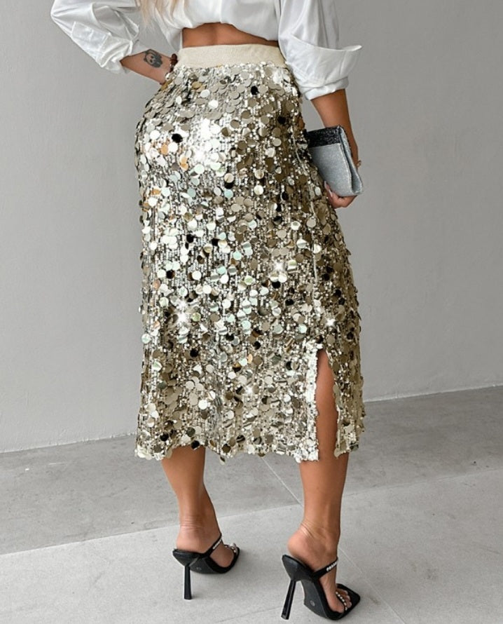 Premièrement : Cette Jupe mi - mollet tendance à sequins Femme.