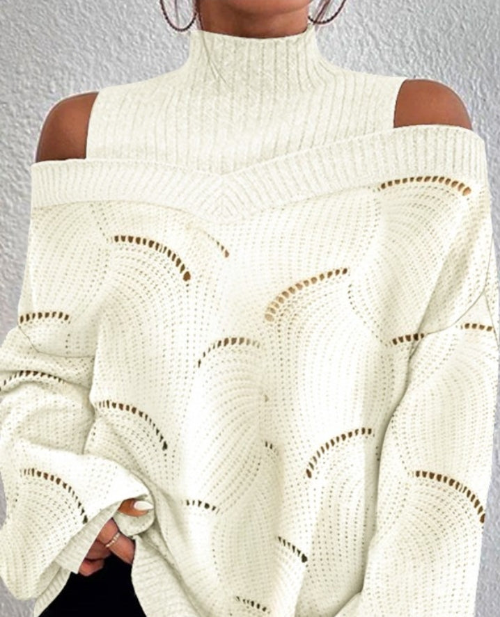 Openwork knit sweater with lantern sleeves and off-the-shoulder