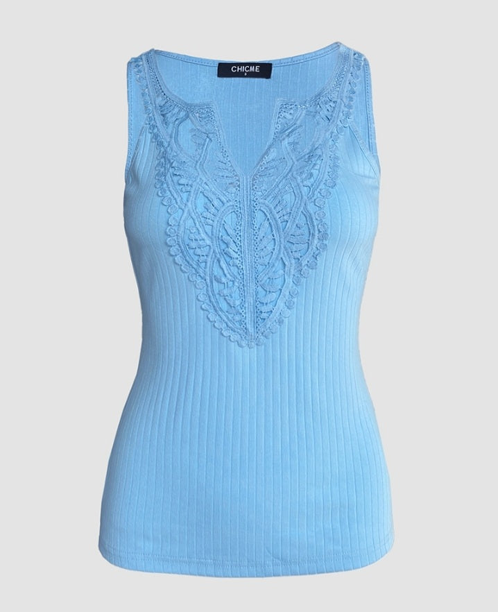 Premièrement : Ce Haut en tricot sans manches à col en V et dentelle contrastante Femme.