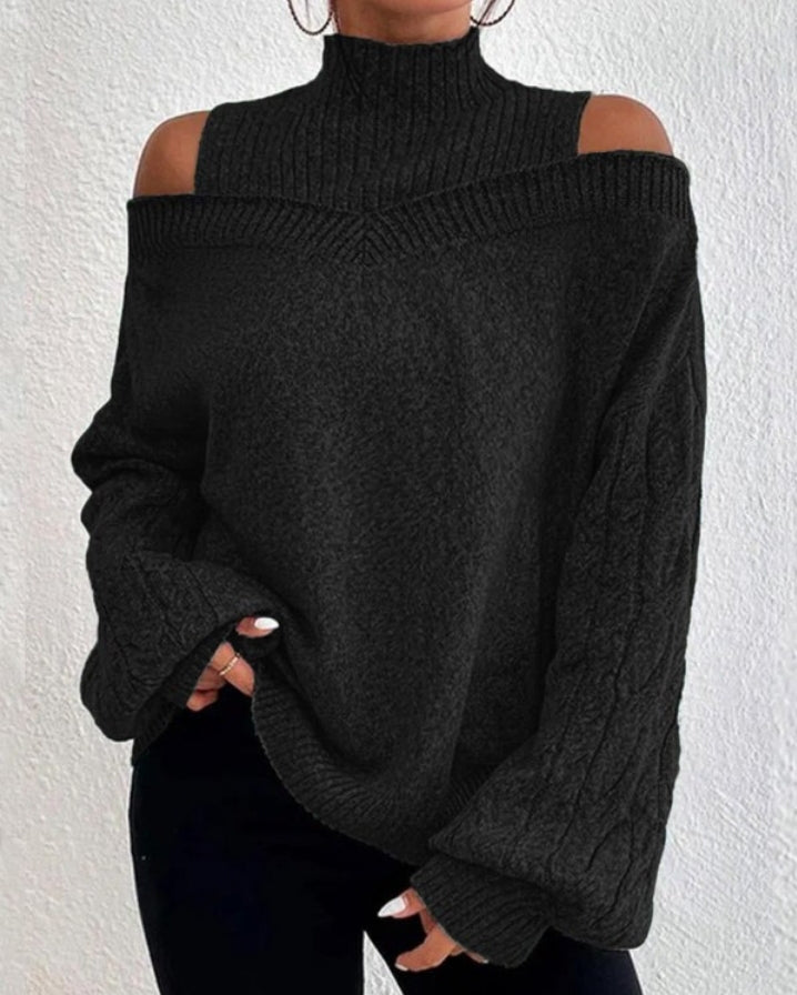 Cable Knit Off-the-Shoulder Lantern Sleeve Sweater