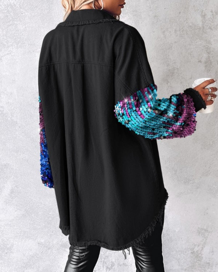 Premièrement : Apportez une touche d’éclat à votre look avec cette Veste décontractée à paillettes et patchwork à manches longues avec bouton sur le devant et ourlet brut femme 