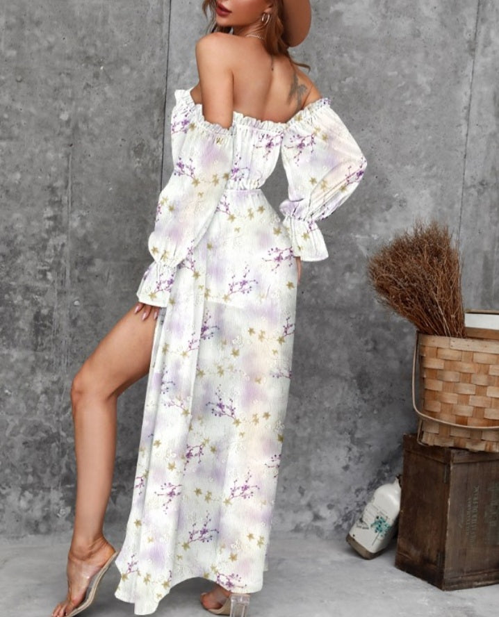 Premièrement : La Combinaison à imprimé floral, épaules dénudées,fente haute, manches longues, ourlet à volants, barboteuses romantiques femme.