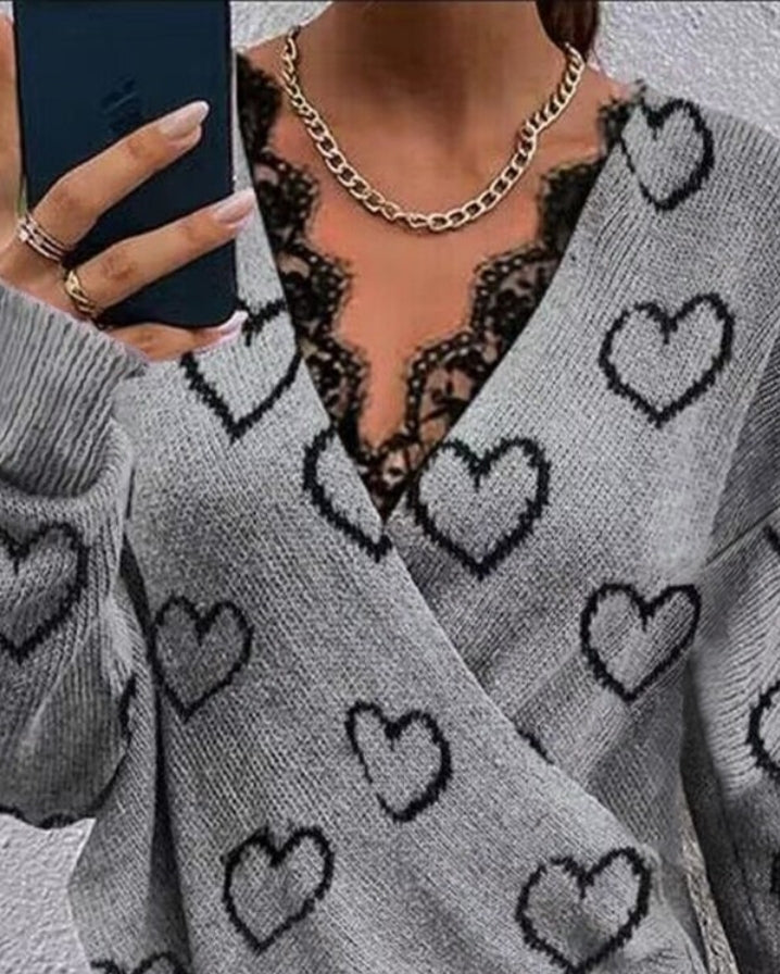 Long-sleeved knit wrap sweater with contrasting lace