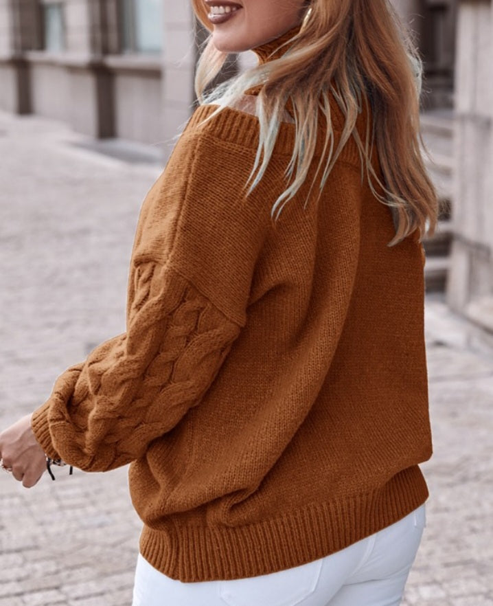 Cable Knit Off-the-Shoulder Lantern Sleeve Sweater