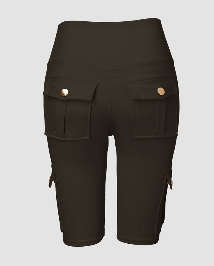 Premièrement : Ce Short de sport pour le contrôle du ventre et le levage des fesses, taille haute , avec poche à rabat , pour entraînement , bermuda cargo , pour la course à pied femme.