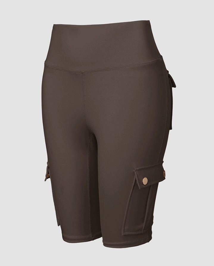 Premièrement : Ce Short de sport pour le contrôle du ventre et le levage des fesses, taille haute , avec poche à rabat , pour entraînement , bermuda cargo , pour la course à pied femme.