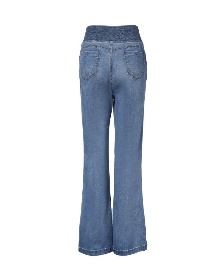 Premièrement : Ce jean taille haute à fronces et boutons sur le devant avec ceinture curveease jegging skinny évasé en demin femme.