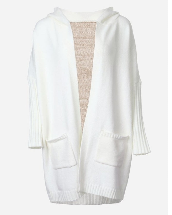Long knitted cardigan with hood and heart print