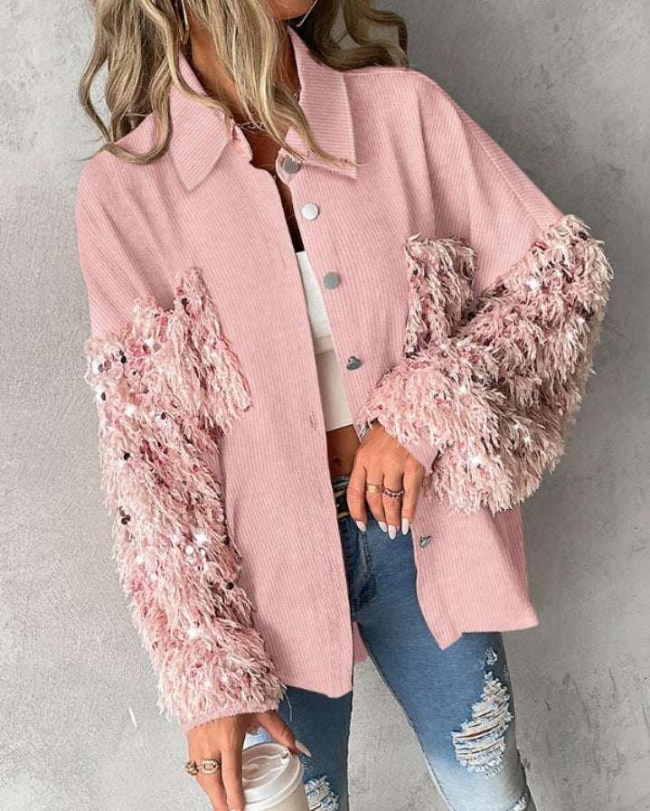 Premièrement : Apportez une touche d’éclat à votre look avec cette Veste décontractée à paillettes et patchwork à manches longues avec bouton sur le devant et ourlet brut femme 