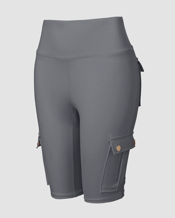 Premièrement : Ce Short de sport pour le contrôle du ventre et le levage des fesses, taille haute , avec poche à rabat , pour entraînement , bermuda cargo , pour la course à pied femme.