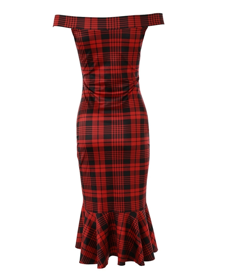 Premièrement : Cette Robe fendue à carreaux et épaules dénudées Femme.