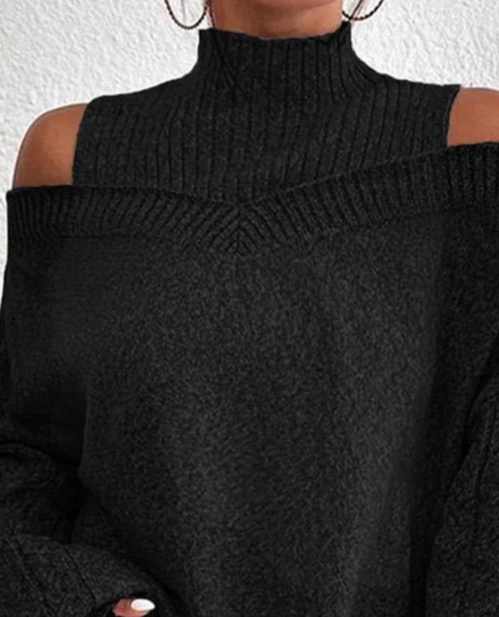 Cable Knit Off-the-Shoulder Lantern Sleeve Sweater