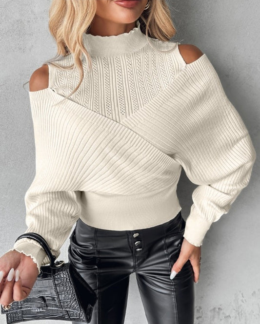 Off-the-shoulder openwork knit sweater with overlap