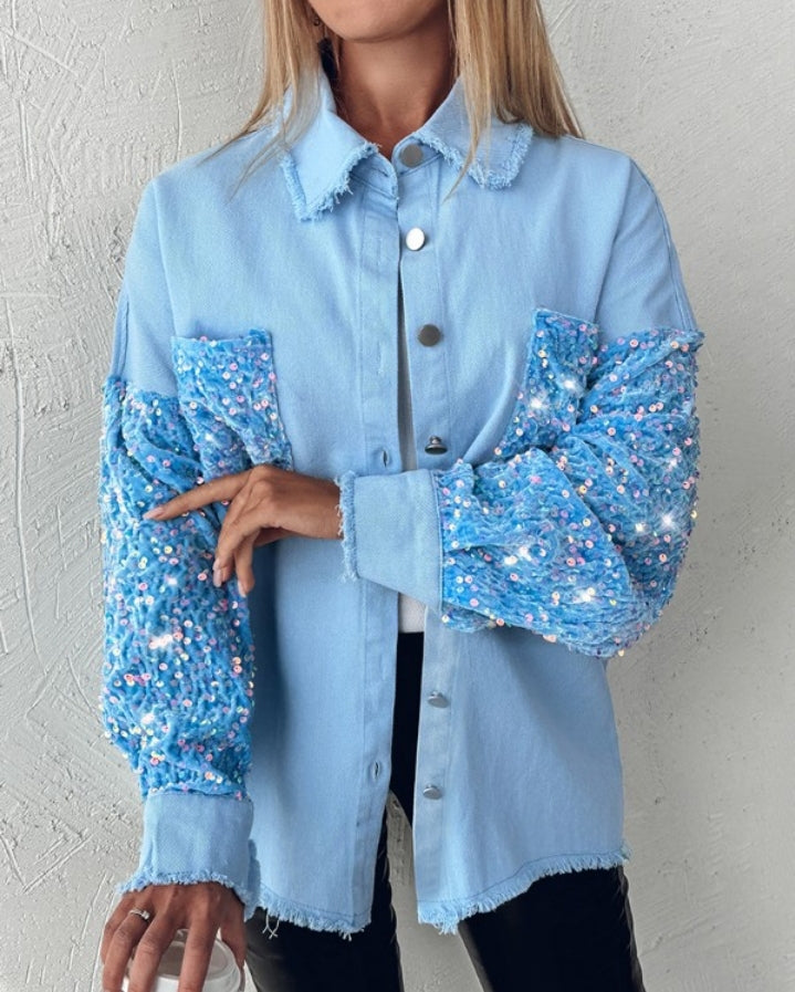 Premièrement : Apportez une touche d’éclat à votre look avec cette Veste décontractée à paillettes et patchwork à manches longues avec bouton sur le devant et ourlet brut femme 