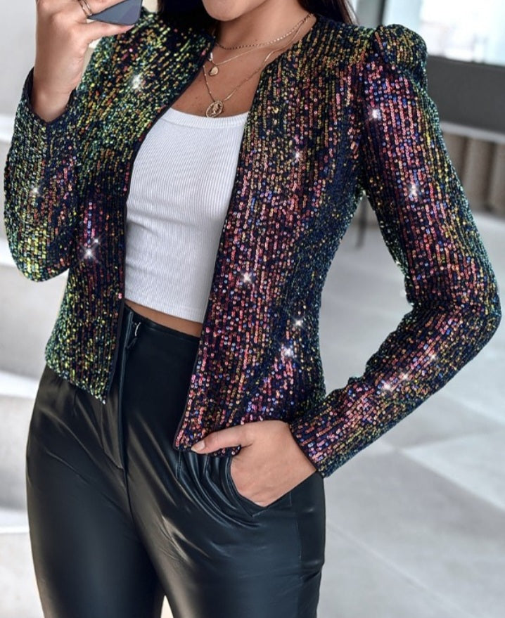 Premièrement : Brillez avec ce Manteau blazer à paillettes scintillantes, ouvert sur le devant , manches bouffantes femme.