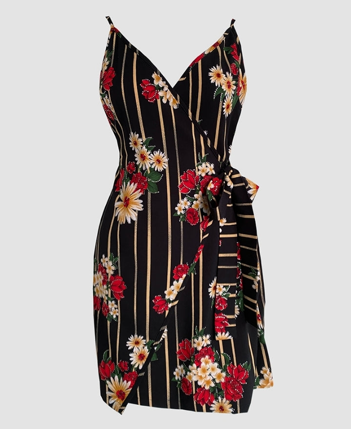 Premièrement : Cette Robe courte décontractée à bretelles spaghetti et col en V à imprimé floral pailetté avec détails croisés Femme.