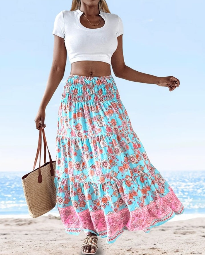 Premièrement : Cette Jupe longues plissées bohème d'été Jupes maxi fluides taille haute en ligne A Femme.