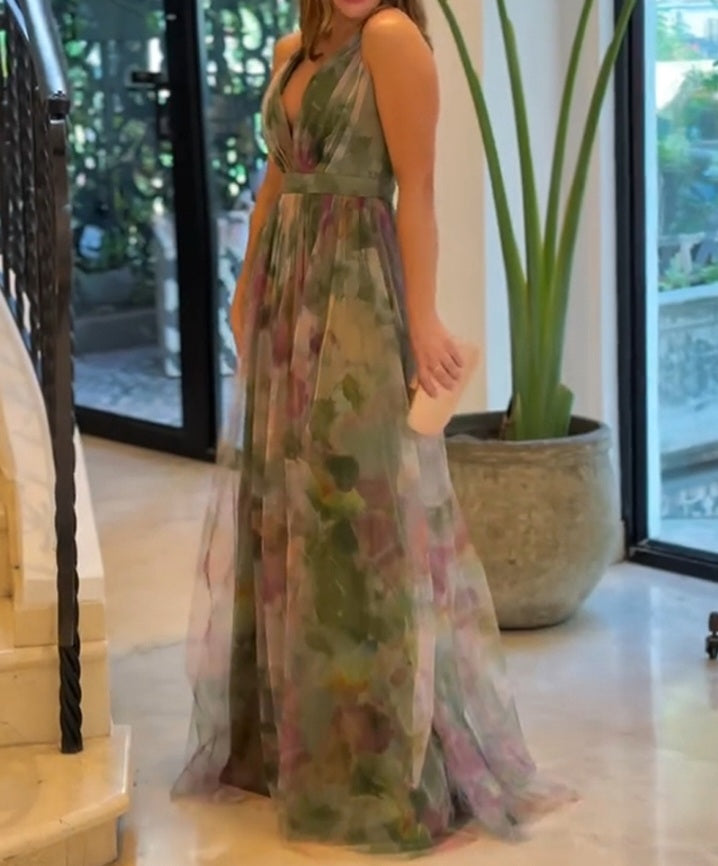 Premièrement : Cette Robe longues à imprimé floral , décolleté plongeant en V , bretelles spaghetti, élégante, taille haute , fente en maille Femme.