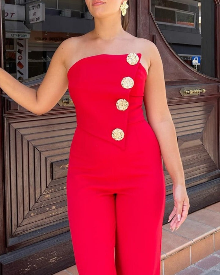 Combinaison bandeau asymétrique sans bretelles avec boutons métalliques et salopette décontractée Femme